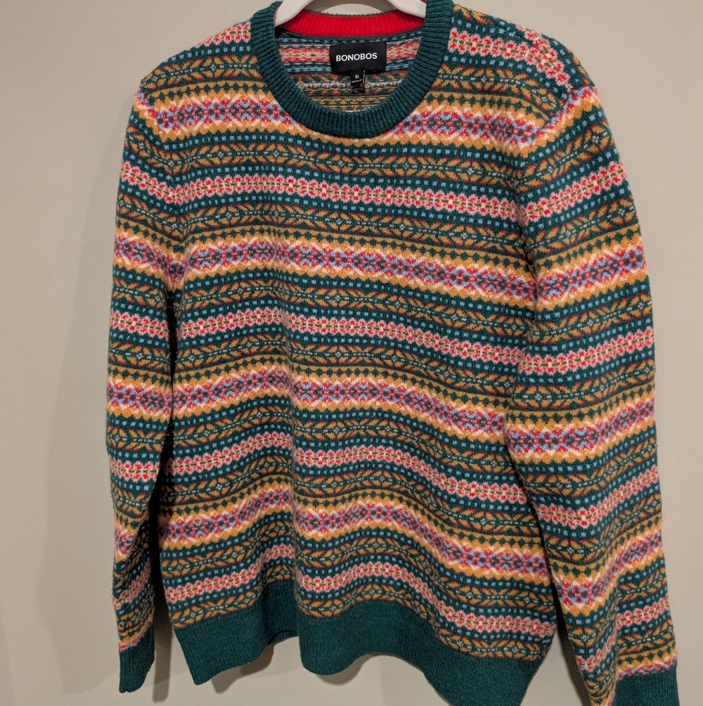 Bonobos 100% Merino Wool Sweater Fair Isle Stranded Colorwork, Holiday Colors XL
